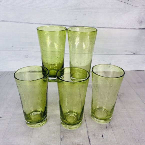 Hand-Blown Weighted Base Flared Artisan Mexico Lime Green Glass Tumbler Set of 5 - Picture 4 of 16